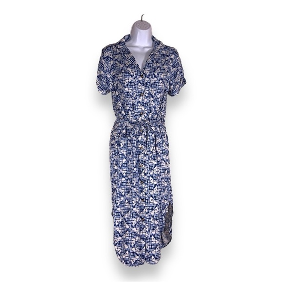 SMALL SONOMA BLUE WHITE BELTED DRESS SHORT SLEEVE MIDI LENGTH RAYON COASTAL - Picture 1 of 14